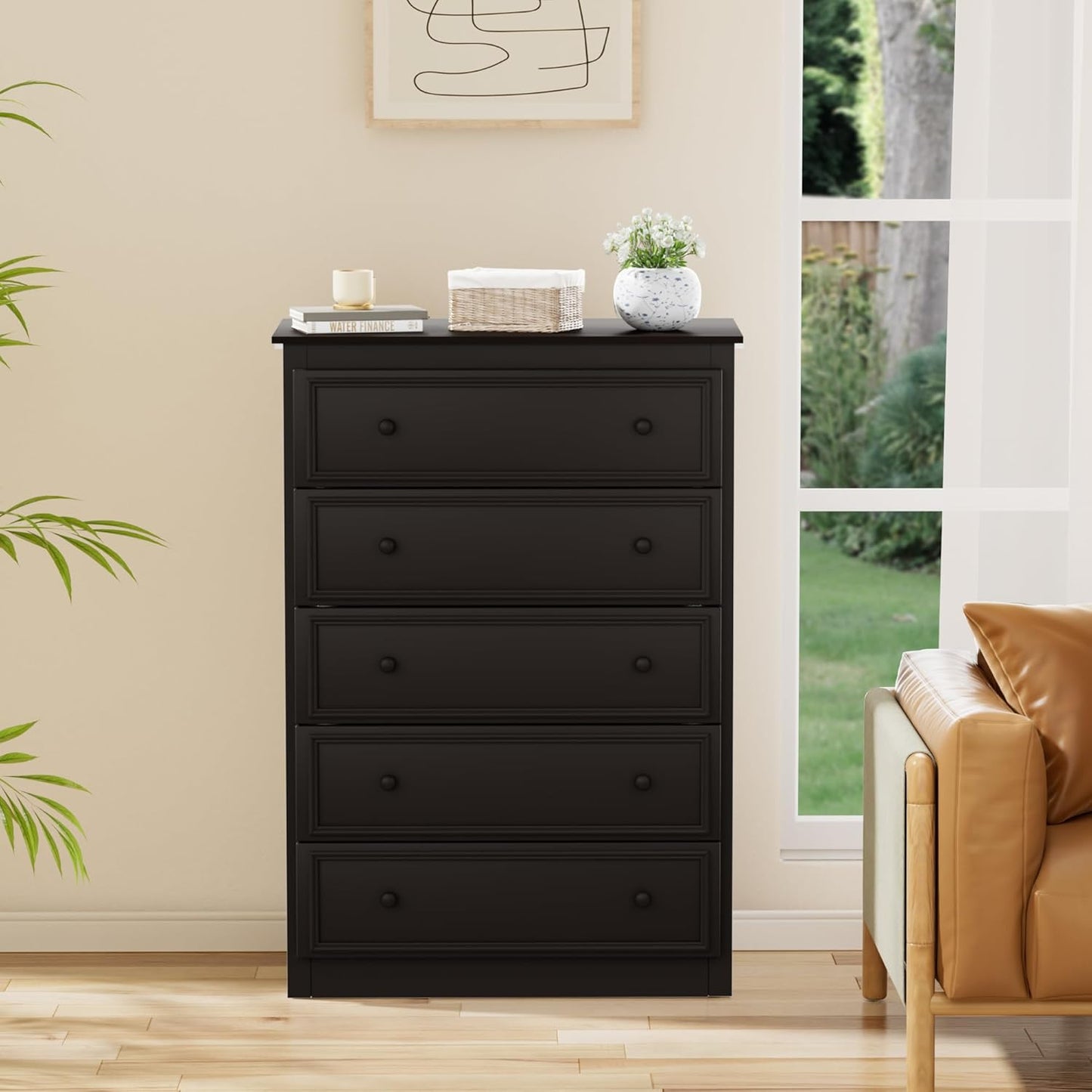 5 Drawer Dresser for Bedroom, Tall Wooden Chest of Drawers with Spacious Top, Modern Storage Organizer Cabinet for Closet, Nursery, Living Room, 15.7" D x 31.5" W x 45.7" H (Chocolate)