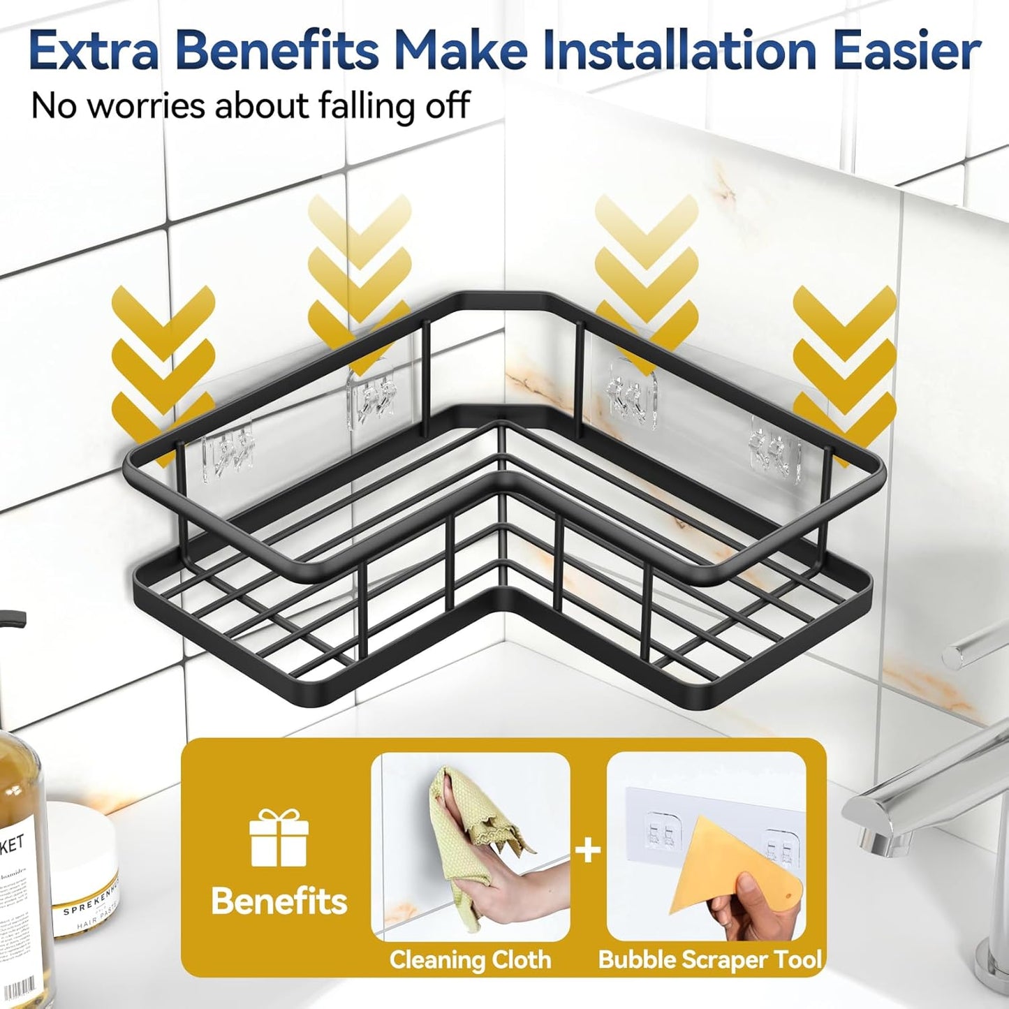 YASONIC Corner Shower Caddy, 5-Pack Adhesive Rustproof Stainless Steel Shower Organizer with Soap Holder, No Drilling Shower Shelf for Inside Shower, Dorm, Renters, Black