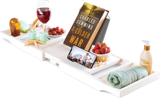 Bathtub Tray - Expandable White Bamboo Bath Tray for Tub with Wine Glass Holder, Book & Tablet Stand - Wooden Bathtub Caddy Tray for Bathroom Accessories, Spa Relaxation, Housewarming & Wedding Gift