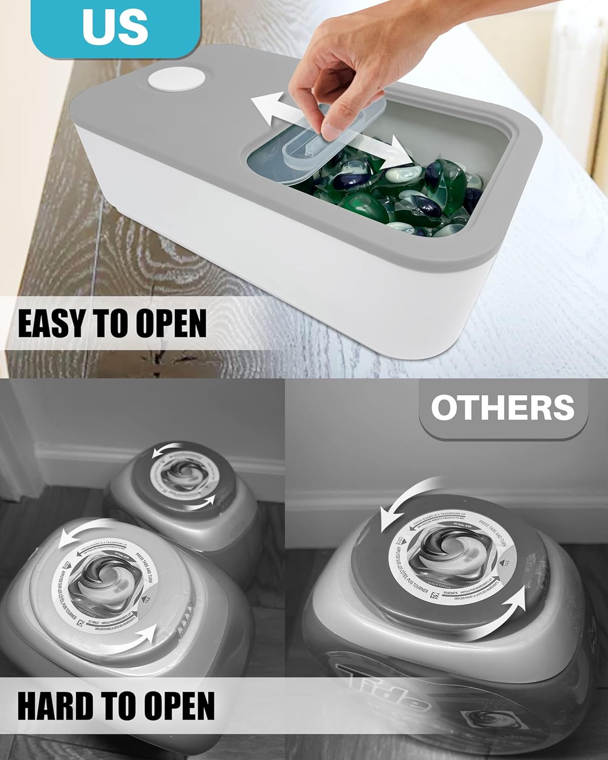Skywin Large Laundry Pods Container with Slide Lid, 2 Pack Laundry Pod Holder 15 x 8.7 x 4.5 In, Holds 11 lbs OR 120-150 Pods, Laundry Pod Container, Dishwasher Pods Container (Grey)