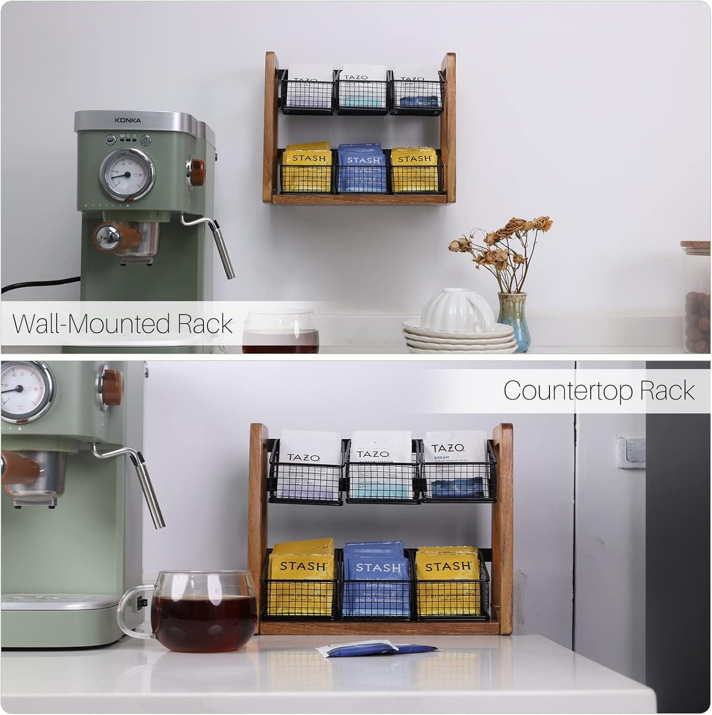 HTB 2 Tier Tea Organizer for Tea Bags, Tea Bag Holder with Acacia Wood Stand and 6 Removable Metal Basket for Sugar Packets, Sweeteners, Creamers for Cabinet, Countertop or Wall-mounted
