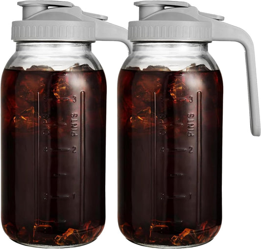 2 Pack 64 oz Glass Pitcher with Lid for Fridge, Half Gallon Pitcher with Lid, Leak Proof, Wide Mouth, 1/2 Gallon Glass Juice Jug for Ice Tea and Coffee (Gray)