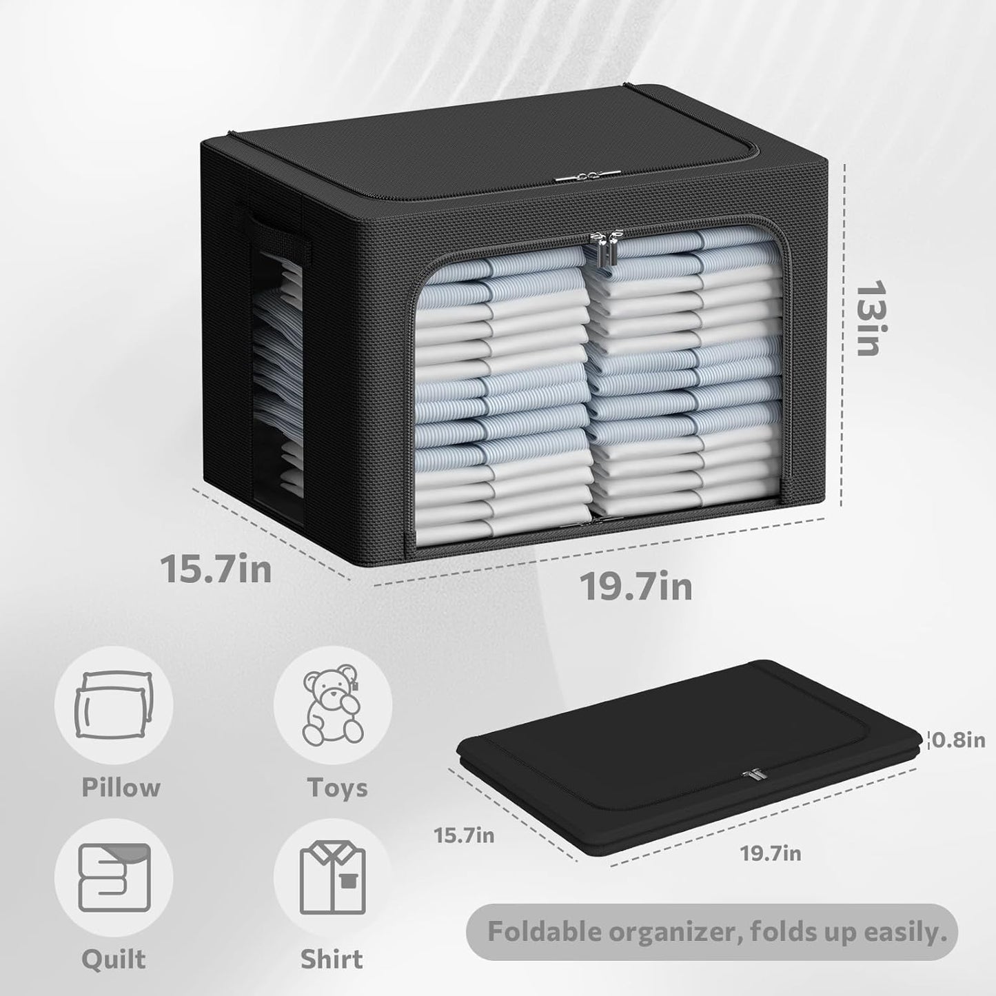 3Pack Frame Storage Box - Clothes Storage Bin Bags Oxford Fabric Foldable Stackable Container Organizer Set with Clear Window & Carry Handles (Black, Large-66L)