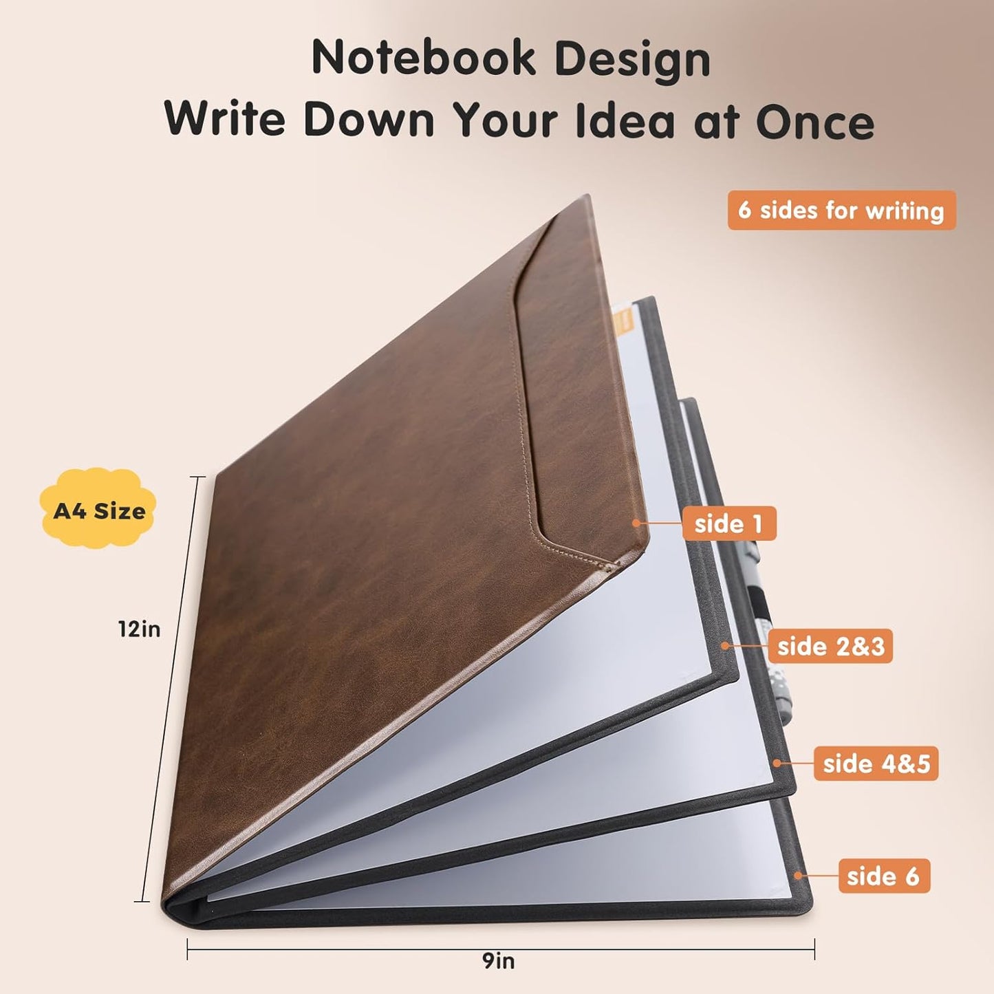 CoBak 6 Sides Portable White Board 12 x 9 inch (A4) - Notebook Design Dry Erase Small Board with Pocket and 3 Markers, Anti-Ghosting & Anti-Smudge Surface for Office, School, Homeschool (Brown)