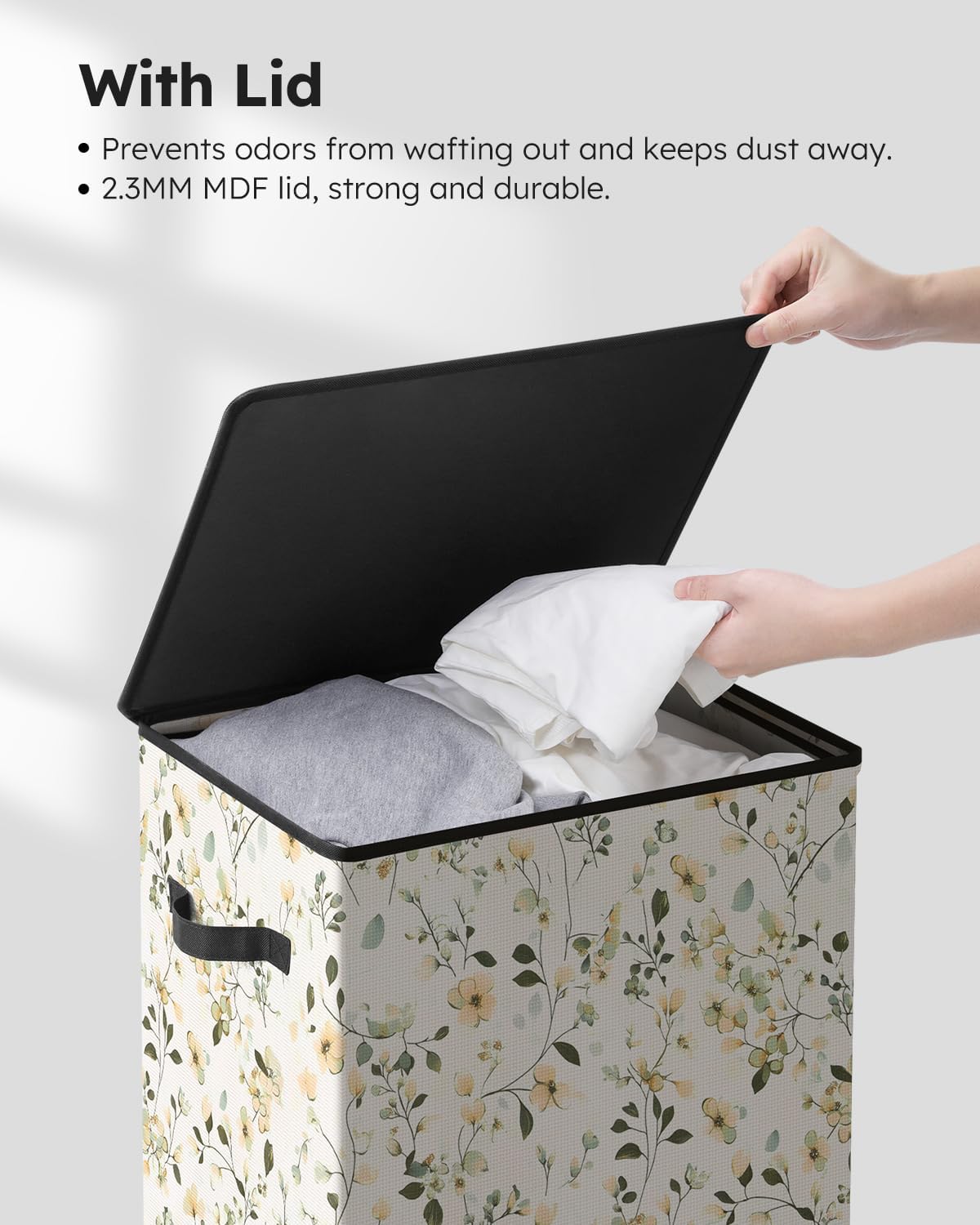 SOLEDI Laundry Hamper with Lid, 90L Tall & Large Floral Laundry Basket, Collapsible Clothes Hamper with Removable Bag, Dirty Hampers for Bedroom, Bathroom, Laundry Room