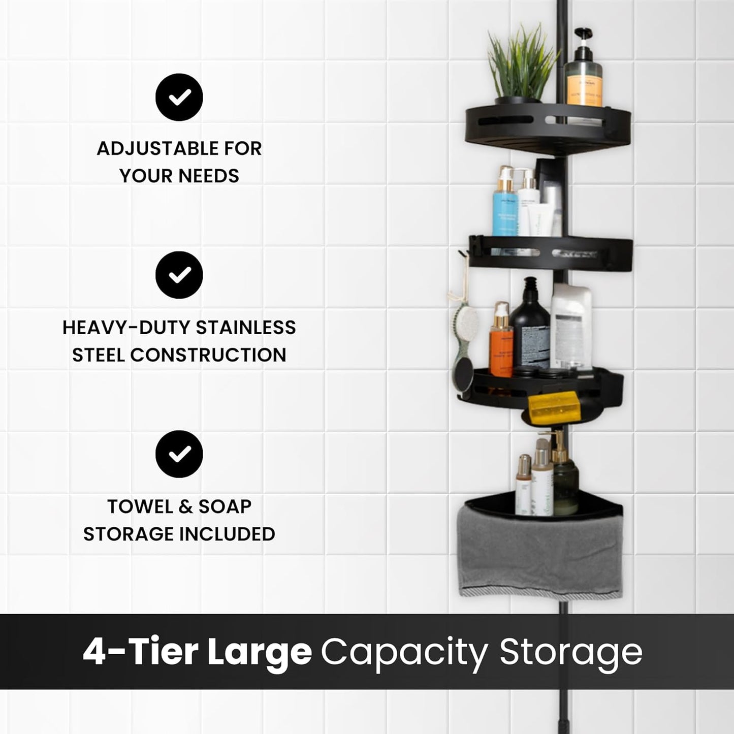 Rustproof Corner Shower Caddy-Tension Pole-LUXURY Model-4 Adjustable Baskets Bath Tub Corner Shower Caddy fits up to 114" ceiling,Bathroom Organizer with Towel Bar, Hooks & Soap Dish (Black)