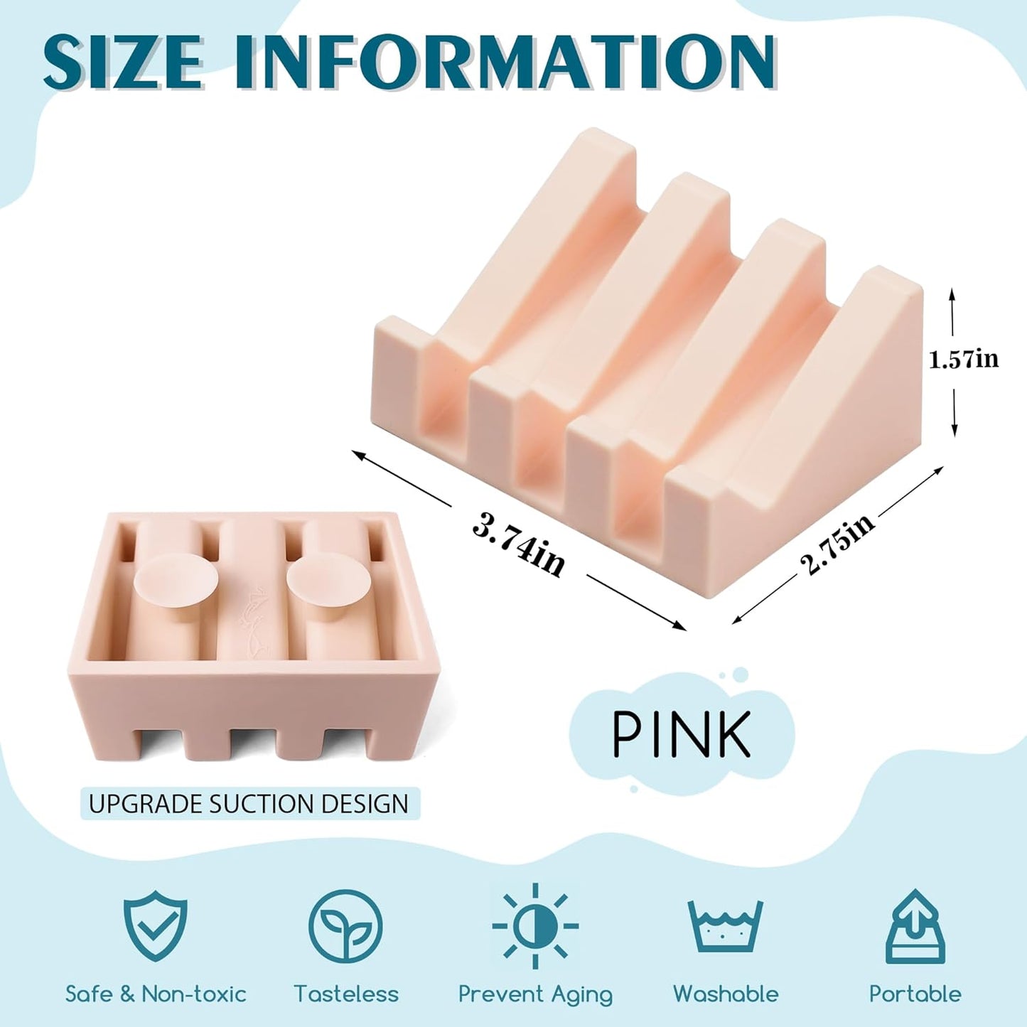 Silicone Soap Dish with Drain, Upgrade Double Suction Cups at The Bottom for Anti-Slip and Stability, Soap Dish Shower Waterfall Bar Soap Holder Tray with Drain Soap Holder (1, Pink)