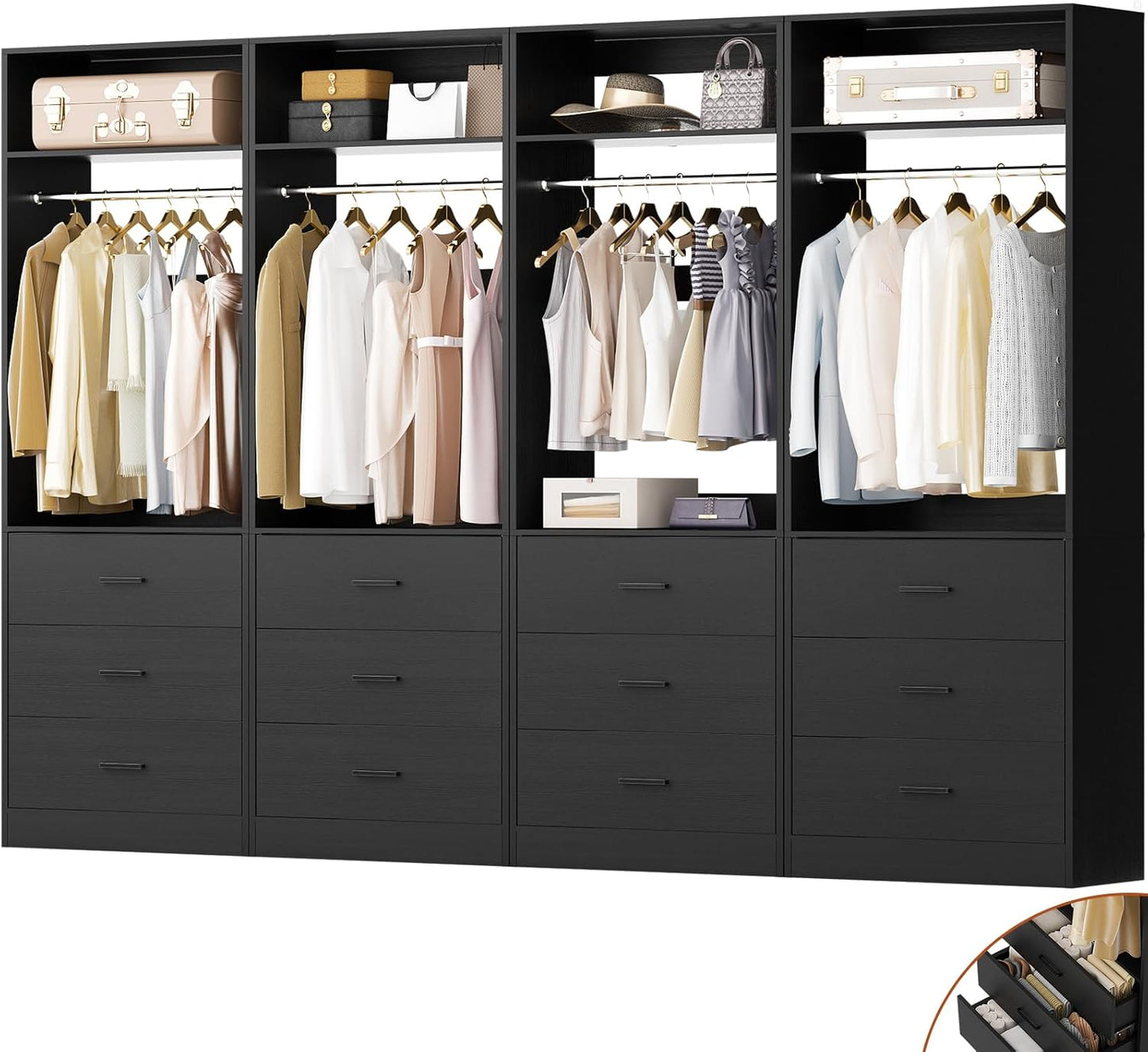 Closet System Set of 4, 8FT Closet Systems with 12 Wood Drawers, 96" Closet Organizer System with 4 Hanging Rods & 4 Shelves, Heavy Duty 96 Inch Walk-in Closet, Black (96"L x 15" W x 80" H)