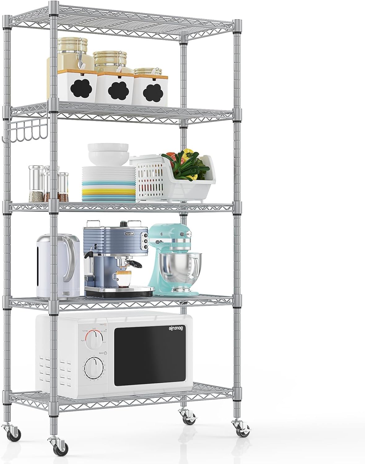Himimi 5-Tier Storage Shelf Wire Shelving Unit on Wheels, Adjustable Heavy Duty Metal Shelves with Side Hooks, Steel Rack Organization for Kitchen Garage Basement, Silver