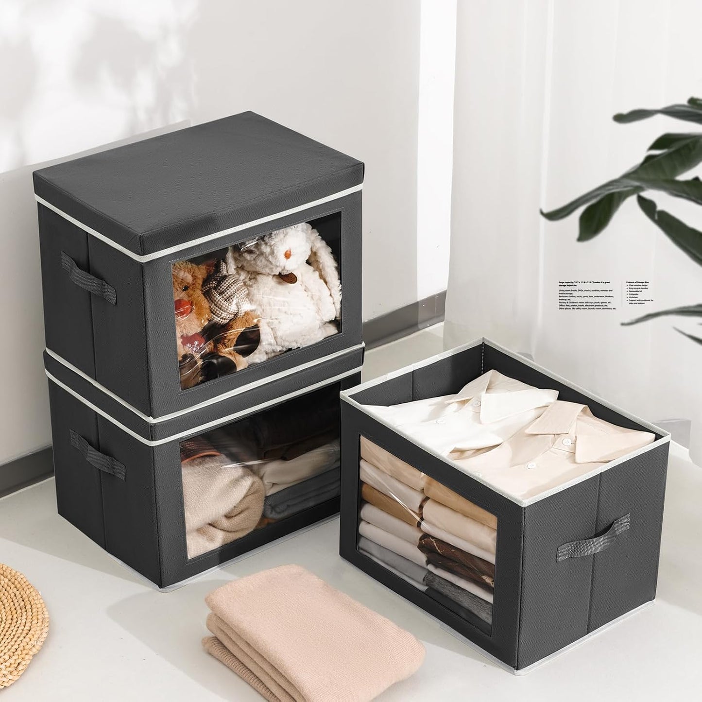 Stackable Storage Bins with Lids - Large Storage Box with Lids, Foldable Closet Boxes for Organizing, Wardrobe Clothes Organizer with Window, Cubes Bins for Living Room, 4 Pack, Dark Grey