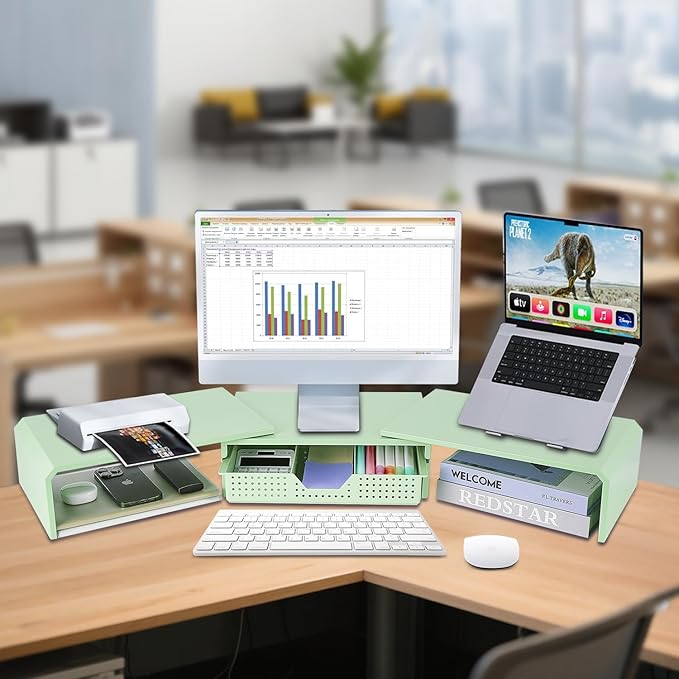 Dual Monitor Stand Riser with Drawer, Desk Organizer and Accessories, Metal Laptop Stand for Desk, Workspace Desktop Stand for Computer, Laptop, TV and More (Mint Green)