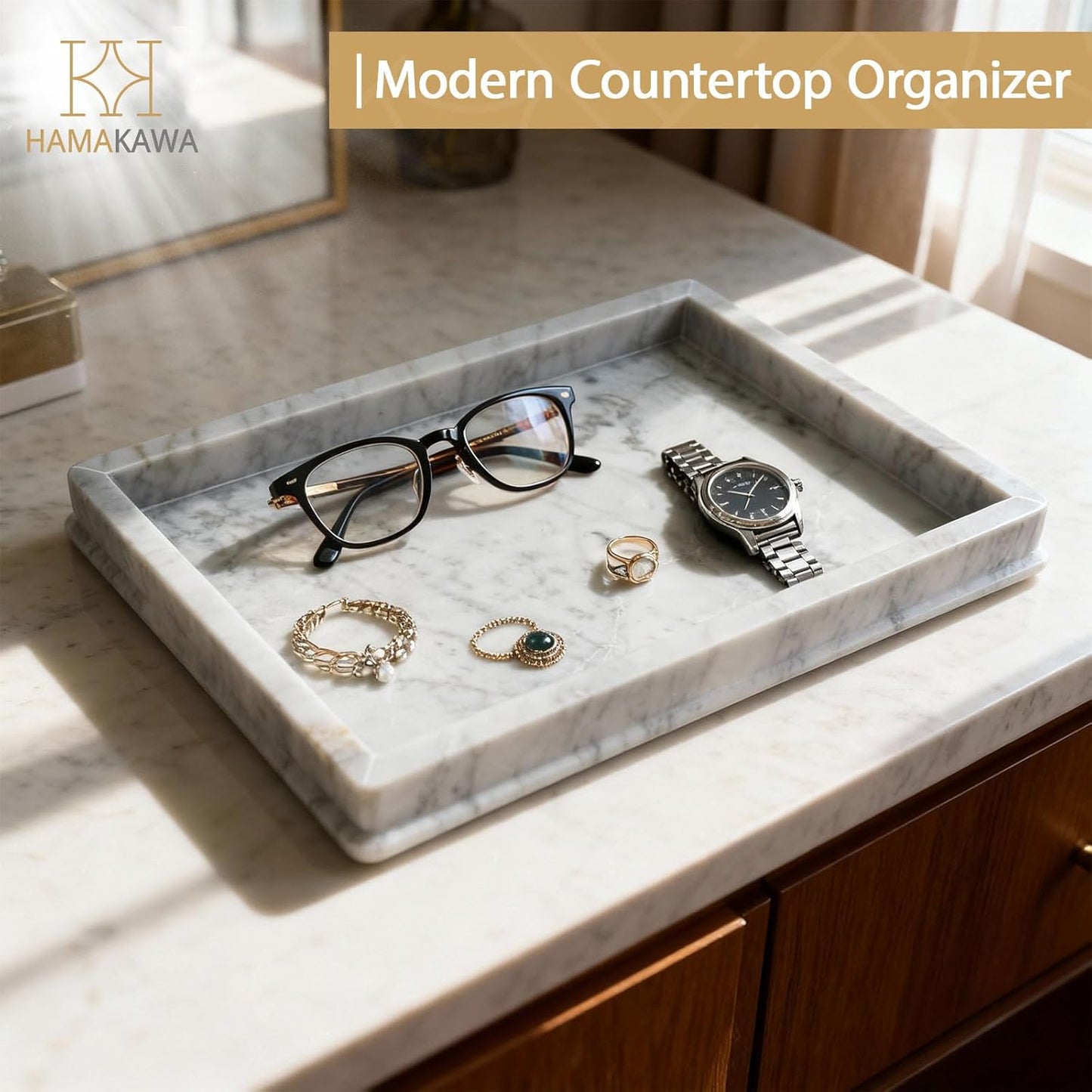 Natural Marble Rectangle Sink Tray L 12 x W 8 x H 1.37 Inch, Carrara White Limestone Bathroom Vanity Tray, Modern Countertop Organizer, for Soap Dispenser, Kitchen, Home Decor