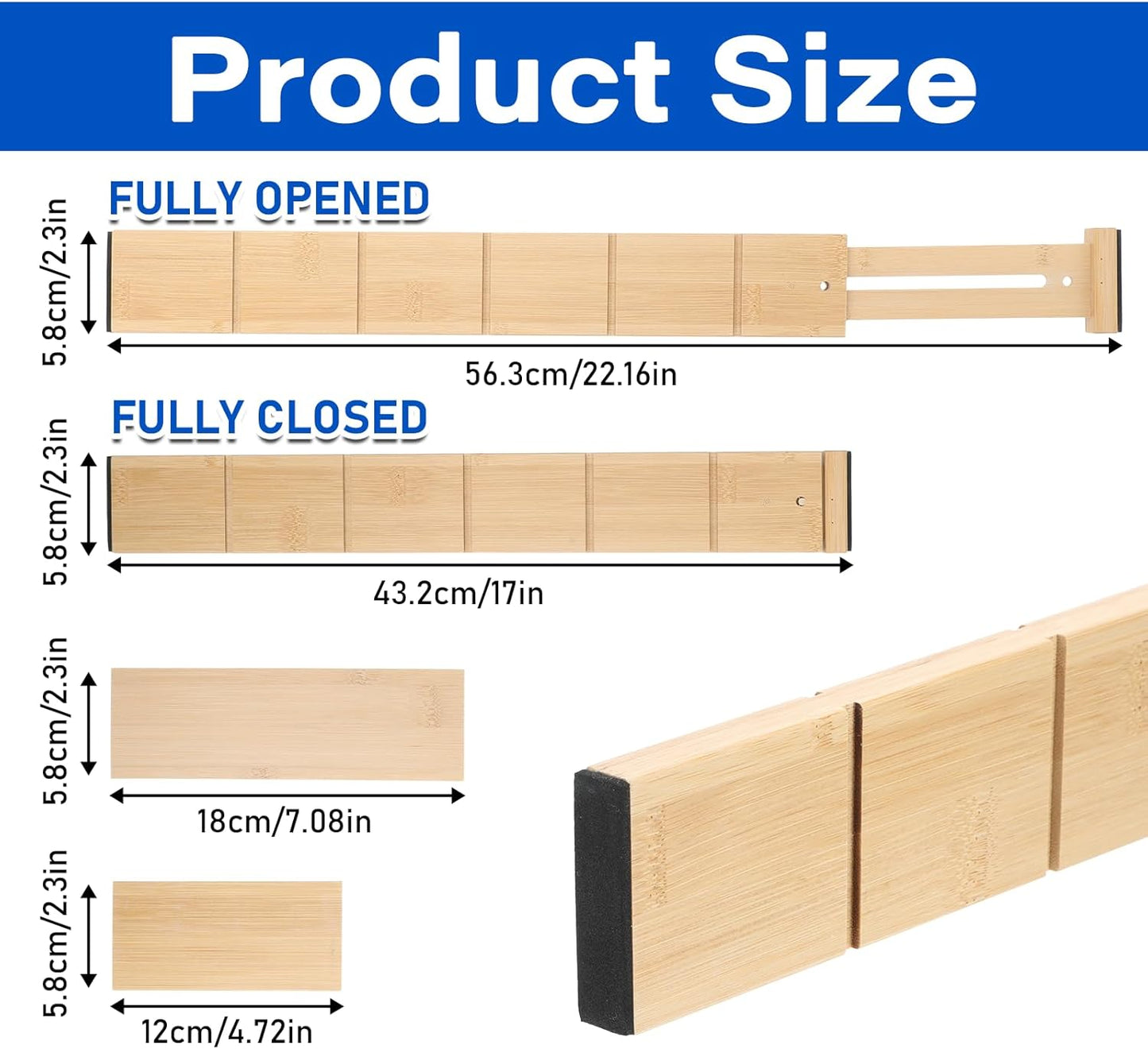 6 Pack Bamboo Drawer Dividers with 12 Inserts Expandable Adjustable 17" to 22" Drawer Organizers Separators for Kitchen, Bedroom, Home, Clothes, Dressers, Office