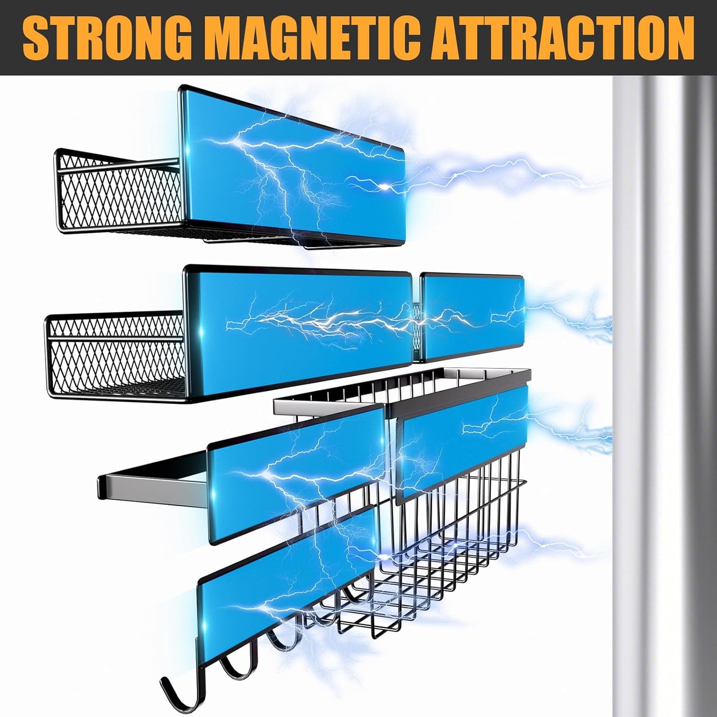 6-Pack Magnetic Shelves for Washing Machine & Refrigerator, Heavy-Duty Laundry Organizer with Hanger Holder & Deep Baskets, Metal Storage System for Laundry Room (Black)