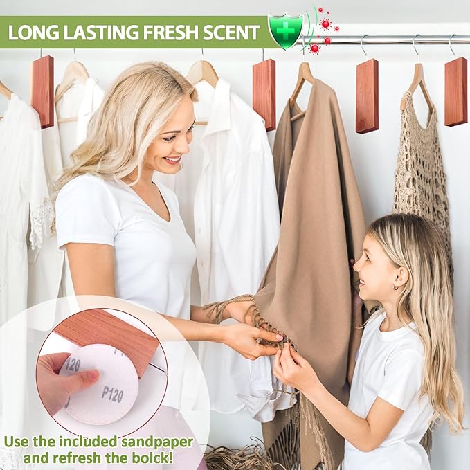 Woodever 16 Pack Cedar Planks for Clothes Storage, Aromatic Red Cedar Wood Hangers with Metal Hooks, 100% Natural Scent, with Sandpaper Freshener, for Drawers and Wardrobes