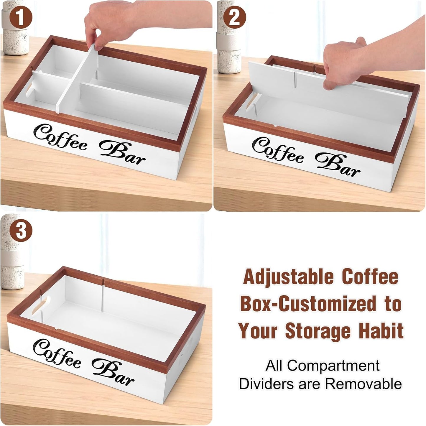 Wooden Coffee Organizer Holder with Divided Sections & Cutout Handle, Farmhouse Coffee Bar Organizer for Pods, Cups, Lids, Syrups, Stirrers & Accessories – Ideal Gift for Home or Office-White