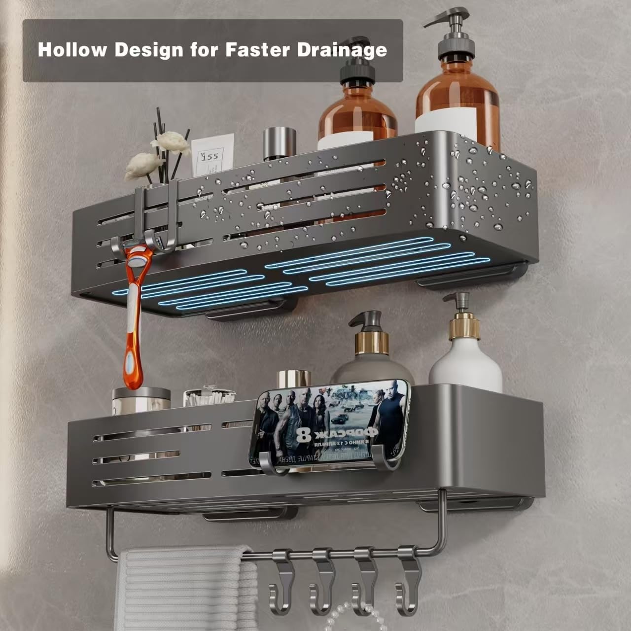 Voldra Shower Caddy Suction Cup, 1 Pack Shower Shelves for Inside Shower No Drilling, Aluminum Suction Showers Organizer with Towel Bar & Hooks Removable Bathroom Shelf Storage Rack(Gray)