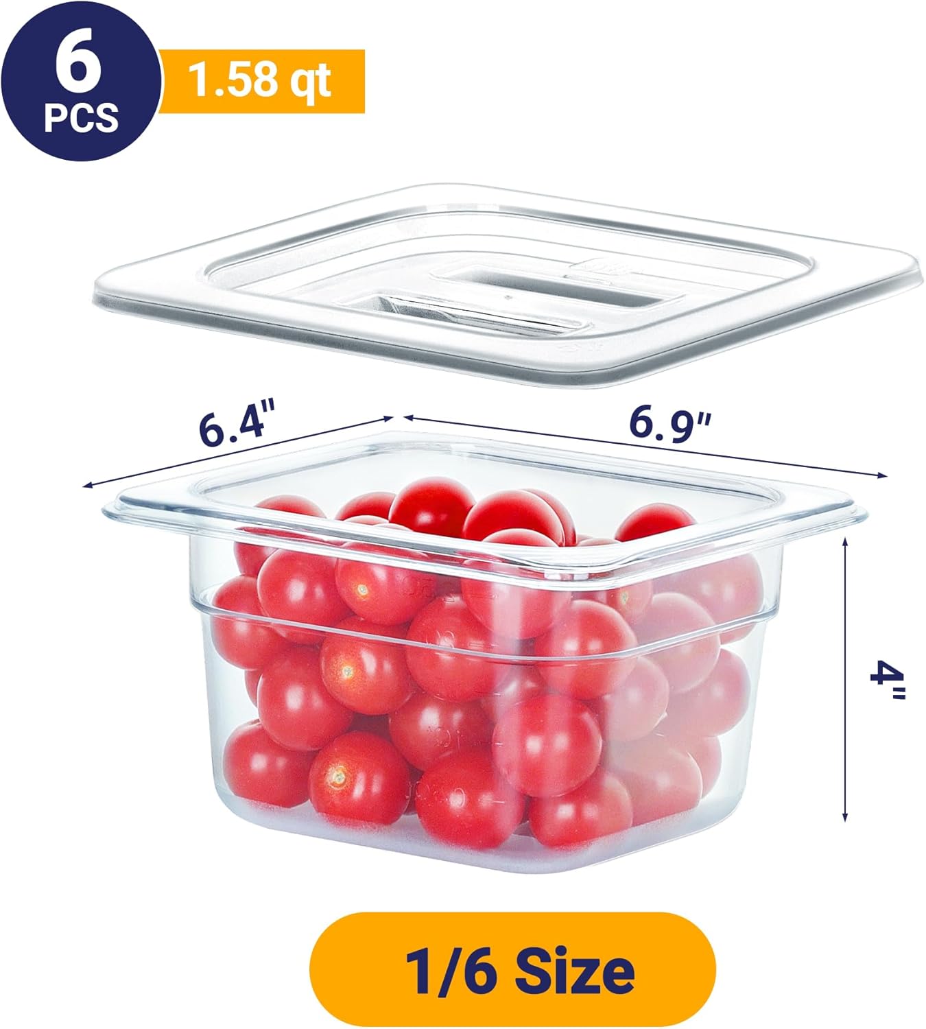 6 Pack NSF Food Pans with Lids, 1/6 Size 4'' Deep Commercial Food Storage Containers, Polycarbonate, Clear