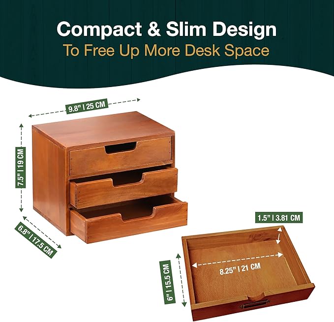Triple Drawer Desktop Storage Organizer in Modern Wood Design (9.8”x6.9”x 7.5”) 3-Drawer Stackable Drawer Unit - Vanity Accessories Organizer (1-Pack)