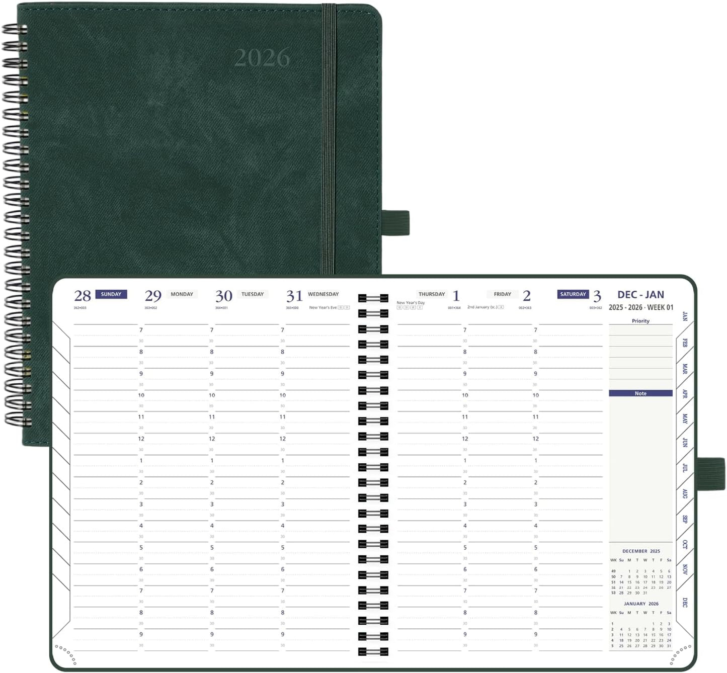 POPRUN 2026 Weekly Planner 30-Mintue (Medium 7'' x 8.5'') - From Jan 2026 to Dec 2026 - Two Pages Per Week Appointment Book with Monthly Tabs, Softcover, Inner Pocket, Pen Holder - Dark Green