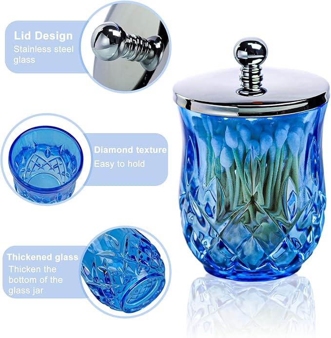 Qtip Holder,10Oz Blue Glass Apothecary Jars with Silver Lids for Bathroom Organization & Desk Storage,Thick Glass Apothecary Jars for Q-Tips,Cotton Rounds,Jewelry,Candy,Round