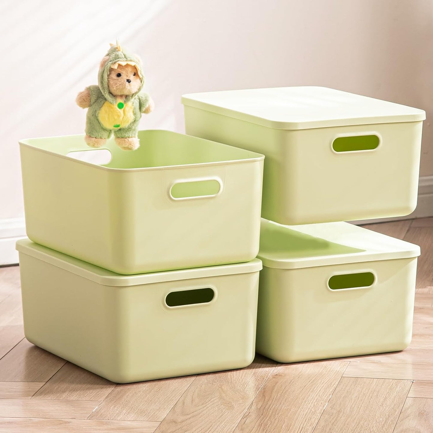 4 pack large plastic White storage bins Baskets, Toy Box Chest with Lids and Handle，Organizer Containers for Baby，Kids,snacks,Nursery，Shelves，Playroom, Bedroom，Office,Closet，home