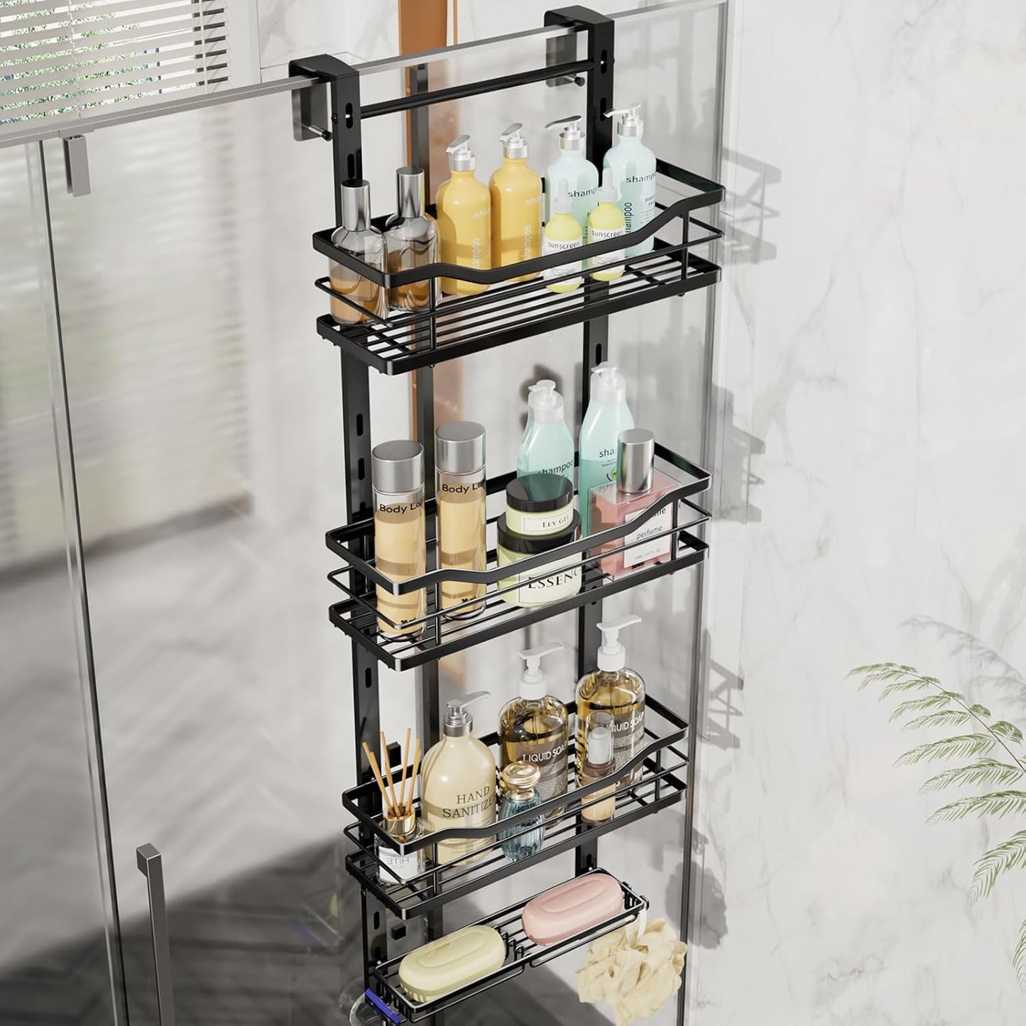 SWTYMIKI Over the Door Shower Caddy - 4 Tier Adjustable Shower Organizer Hanging with Soap Holder, No Drilling Stainless Steel Bathroom Rack Hanging for Body Wash, Shampoo, Soap, Razor, Black