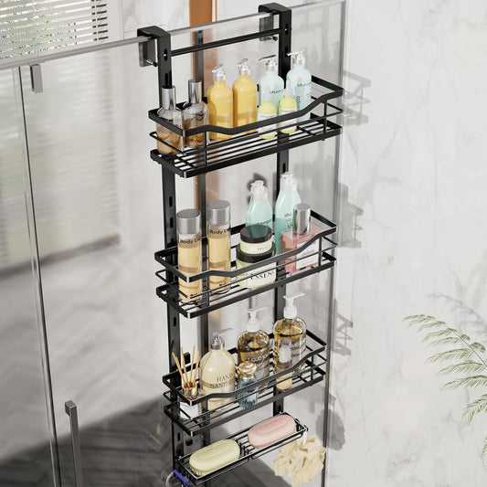 SWTYMIKI Over the Door Shower Caddy - 4 Tier Adjustable Shower Organizer Hanging with Soap Holder, No Drilling Stainless Steel Bathroom Rack Hanging for Body Wash, Shampoo, Soap, Razor, Black