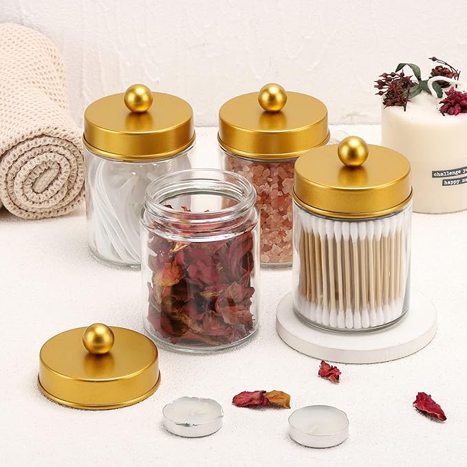 Tbestmax 4 Pack Glass Qtip Holder Dispenser, 10-Ounce Restroom Bathroom Organizers and Storage Containers, Apothecary Jars with Metal Lids for Cotton Ball Swab Pad, Gold