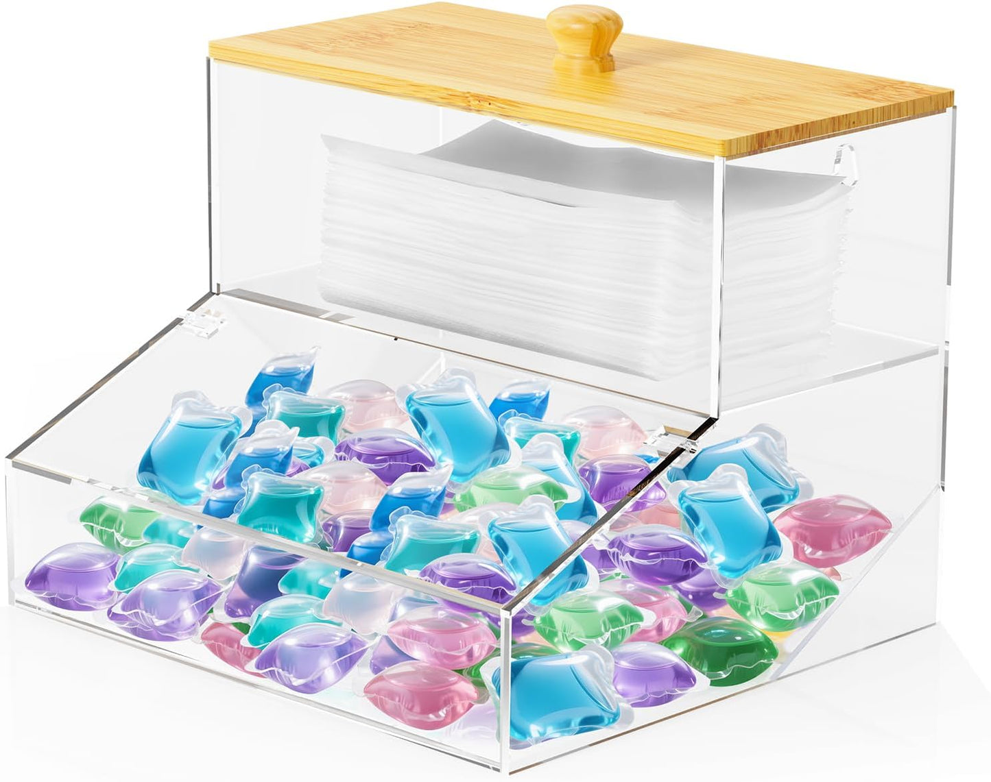 JYPS 2-in-1 Laundry Organizer with Large Capacity: Double-Layer Transparent Acrylic Storage Box with Bamboo Lid for Pods, Dryer Sheets & Supplies