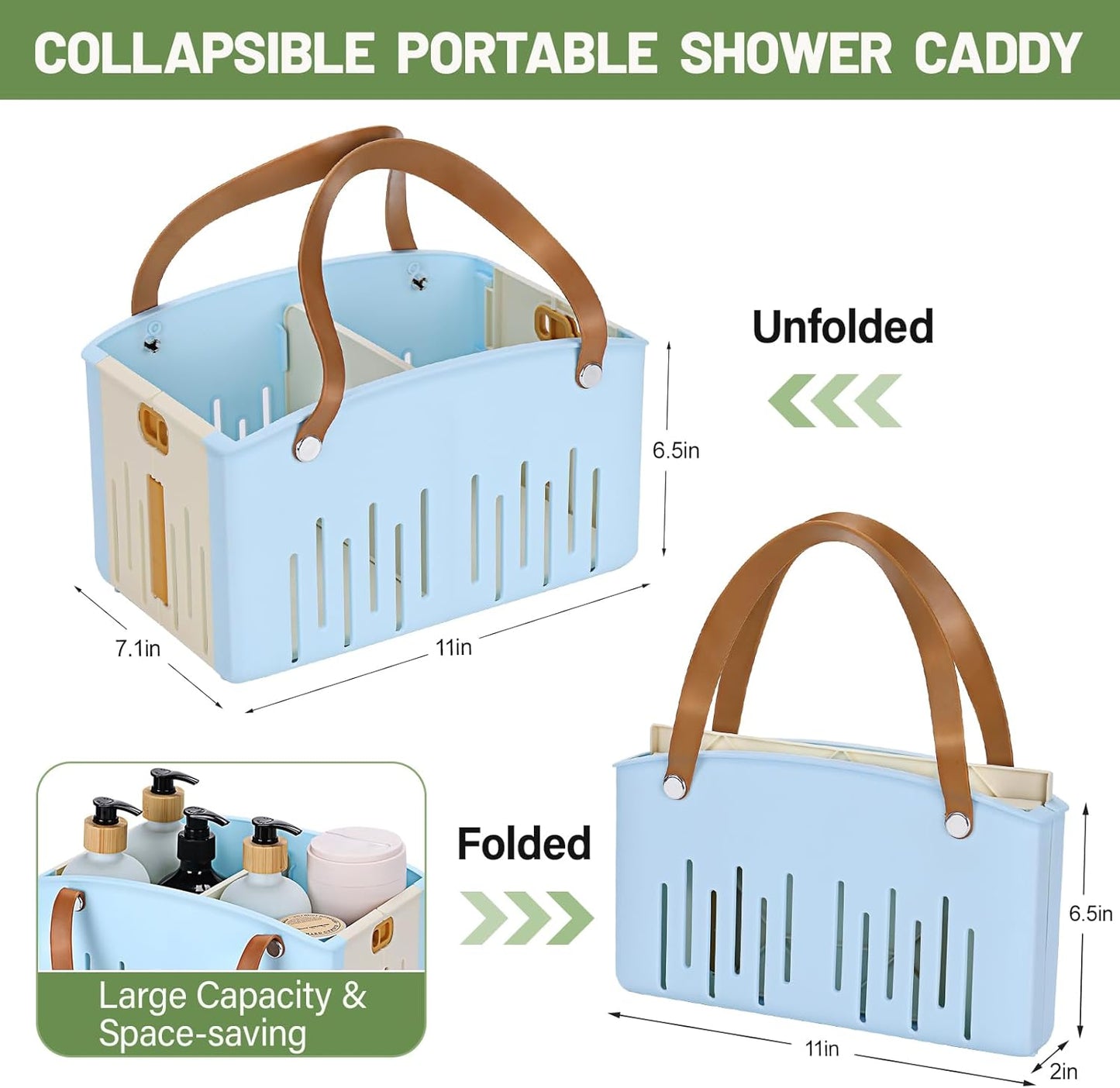 Portable Shower Caddy Collapsible Plastic Shower Basket Tote with Handles Removable Divider, Cleaning Caddy Storage Organizer for Bathroom College Dorm (Blue)