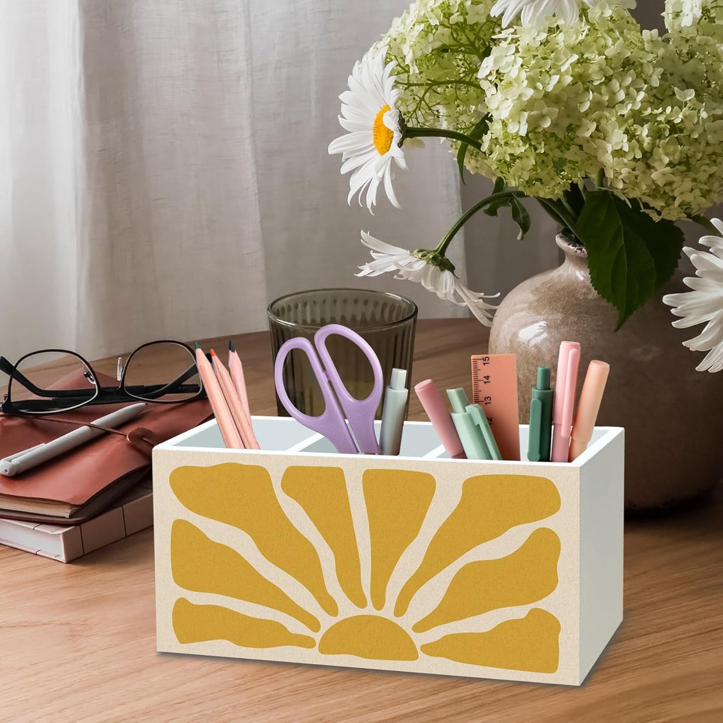 DILSJ Boho Abstract Sunshine Pen Pencil Holder Organizer for Desk, Boho Office Decor, Groovy Retro Abstract Sunshine Wooden Box Signs for Home Office Desk Tabletop Decoration