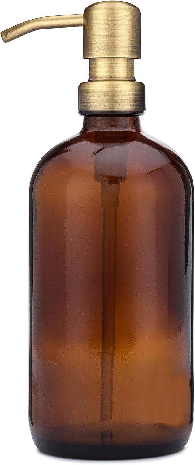 Rail19 Market Amber Glass Soap Dispenser with Metal Pump - Liquid Hand Soap & Lotion for Kitchen and Bathroom, 16oz (Farmhouse Brass)