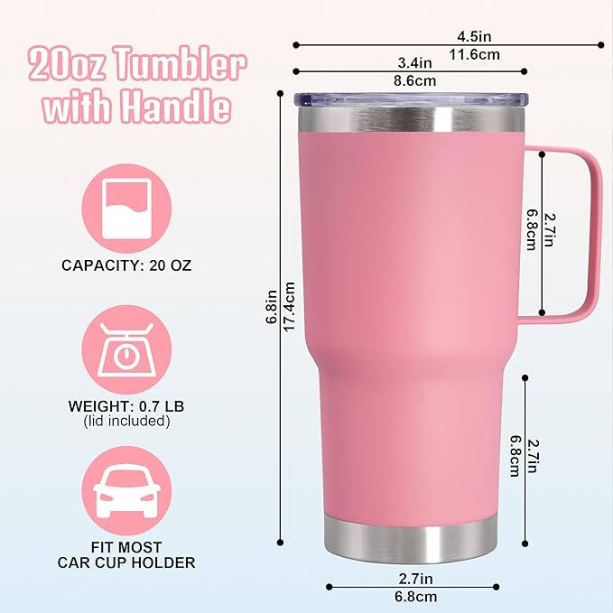 20 oz Tumbler with Handle and Lid, Stainless Steel Tumbler Insulated Travel Coffee Mug, Spill Proof Double Wall Vacuum Tumbler Cup Keep Drink Hot & Cold, Pink, 1 Pack