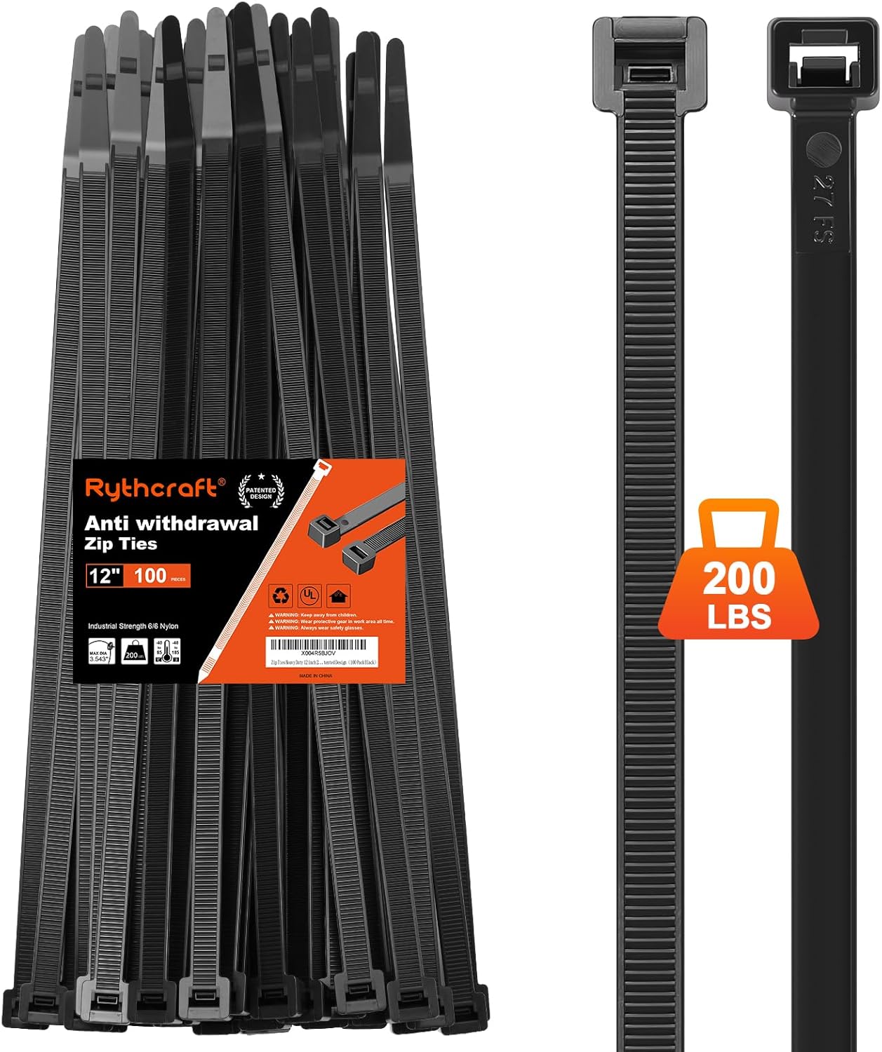 Zip Ties Heavy Duty 12 inch 200 LBS Tensile Strength Cable Ties ，Extra Large Wire Ties Adjustable Nylon Tie Wraps for Indoor Outdoor Patented Design（100 Pack Black）