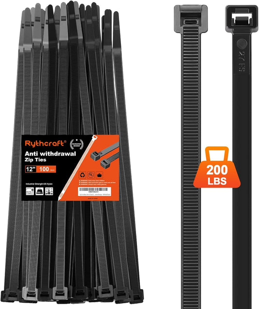 Zip Ties Heavy Duty 12 inch 200 LBS Tensile Strength Cable Ties ，Extra Large Wire Ties Adjustable Nylon Tie Wraps for Indoor Outdoor Patented Design（100 Pack Black）
