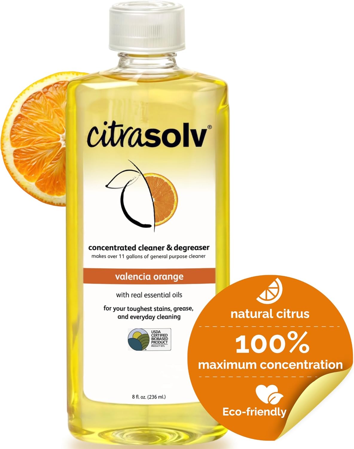 Citra Solv Concentrated Cleaner & Degreaser, Deodorizer, Home & Outdoor, Adhesive Remover, Paint Thinner, Natural Orange Oil, Valencia Orange 8 Fl Oz