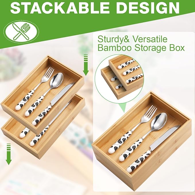Kigley 8 Pieces Bamboo Drawer Organizer Kitchen Utensils Wooden Utensil Stackable Wooden Storage Box Bamboo Silverware Tray for Drawer(9 x 6 x 2 Inch,Wood)