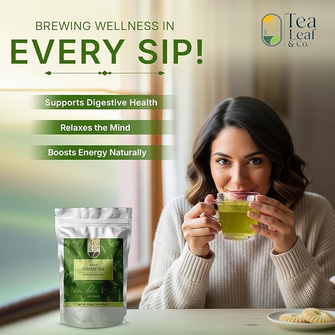 Tea Leaf & Co. Mint Green Tea Bags (50), Green Tea w/ Peppermint & Spearmint, Caffeinated, Real & Natural Green Tea, Blended with Fresh Herbs & Spices