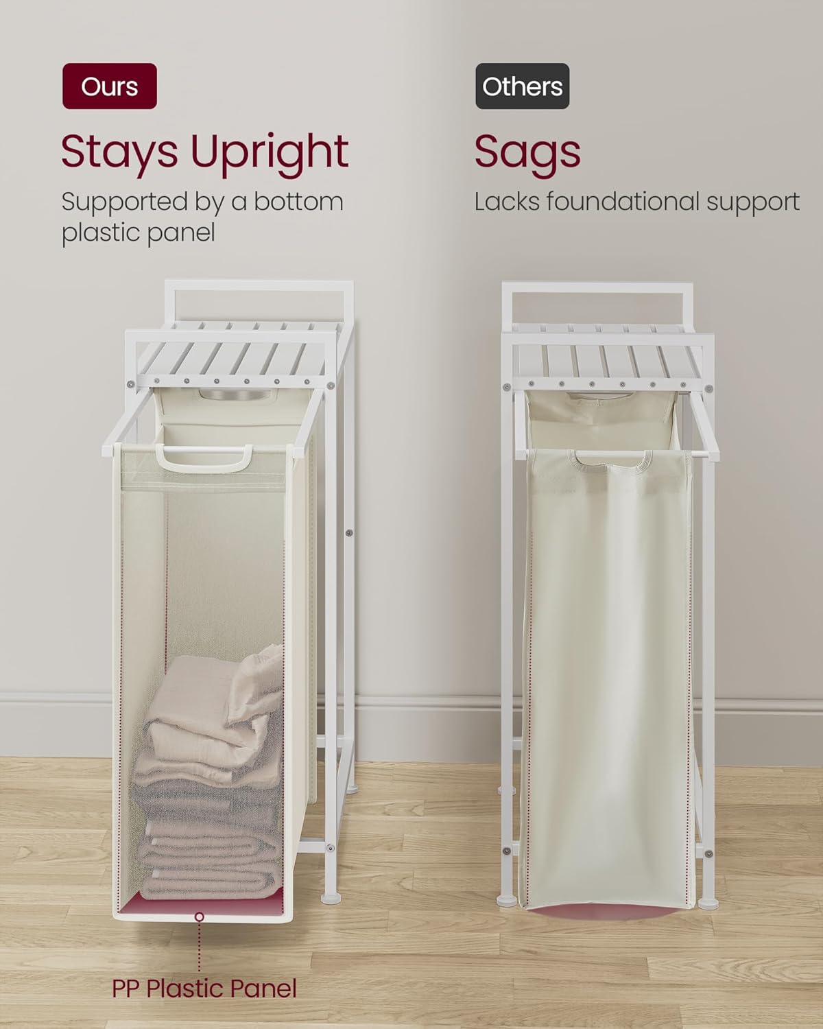 VASAGLE Laundry Hamper, Laundry Basket, Laundry Sorter with a Pull-Out and Removable Bag, Shelf, Metal Frame, 12.4 Gallons (47 L), 16.5 x 11 x 29.5 Inches, Cream White and Cloud White UBLH001W01