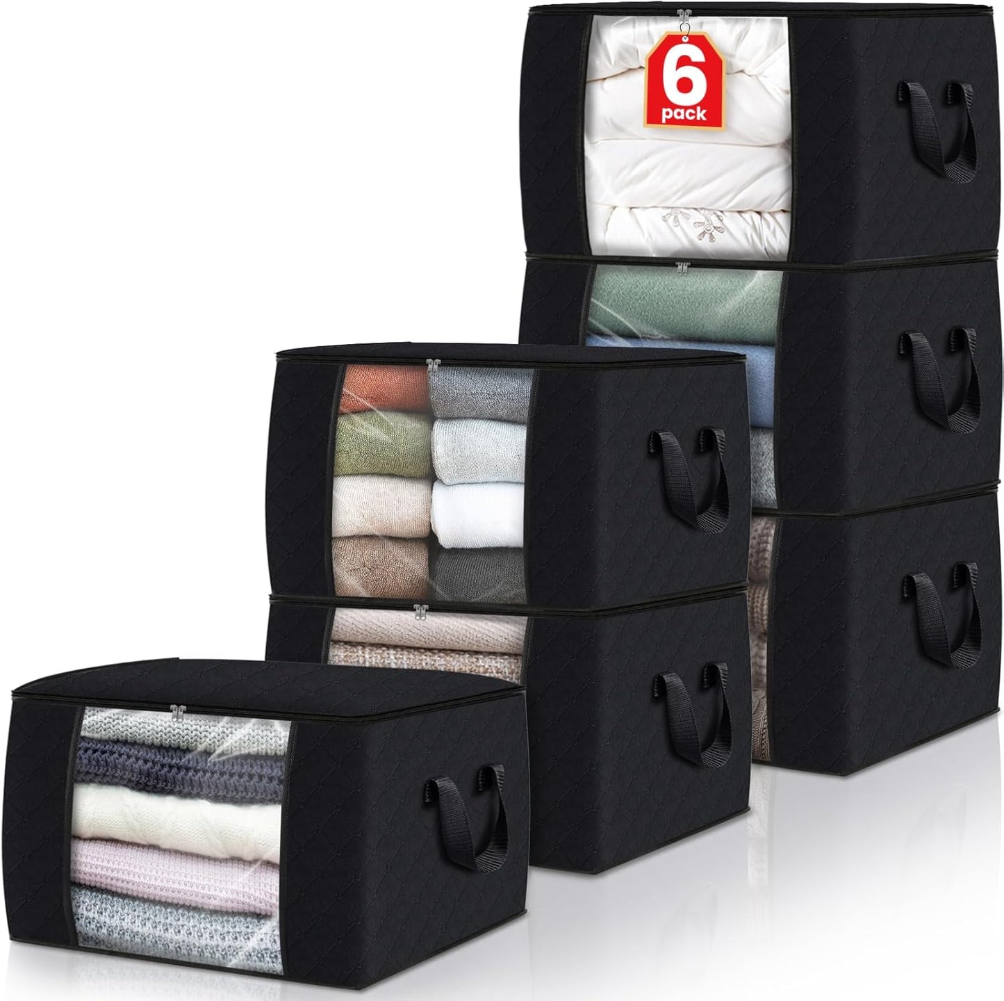 Fab totes Storage Bags,Clothes Blanket Storage Bins Foldable Closet Organizers with Reinforced Handle for Home Dorm Storage and Organization,Fabric Bags for Organizing Sheets,Clothing (Black,6 Pack)