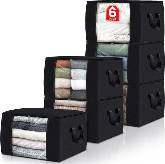 Fab totes Storage Bags,Clothes Blanket Storage Bins Foldable Closet Organizers with Reinforced Handle for Home Dorm Storage and Organization,Fabric Bags for Organizing Sheets,Clothing (Black,6 Pack)