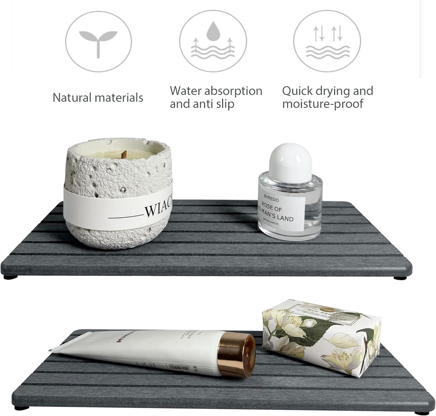 2 PCS Fast-Drying Sink Stone Tray, 12" x 5.5" Super Absorbent Diatomite Coasters, Grooved Design, Water Absorbing Stone Used for Hand Soaps & Plants & Toiletries in The Modern Home