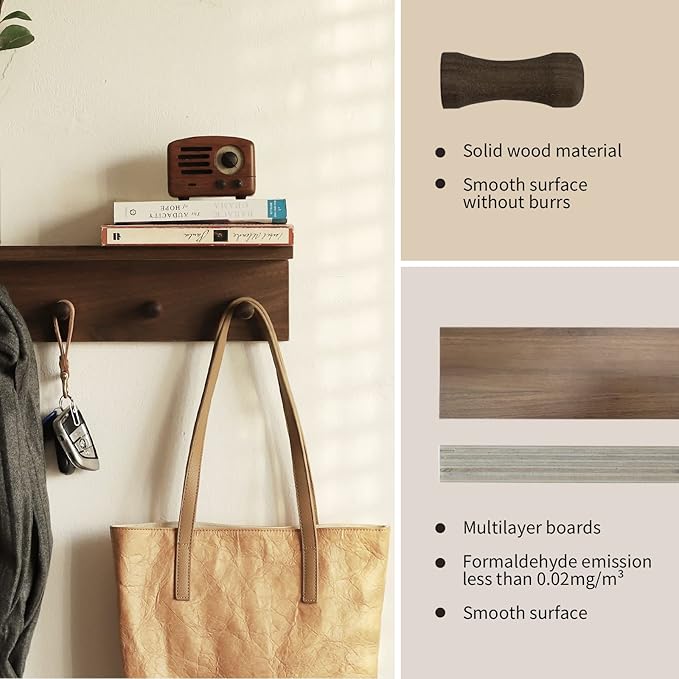 Entryway Coat Rack Hooks with Shelf, Sturdy Wooden Floating WallOrganizer Shelf with 4 Hooks siutable for Entrance, Mudroom, Kitchen, Bathroom,.etc(Walnut Finish)