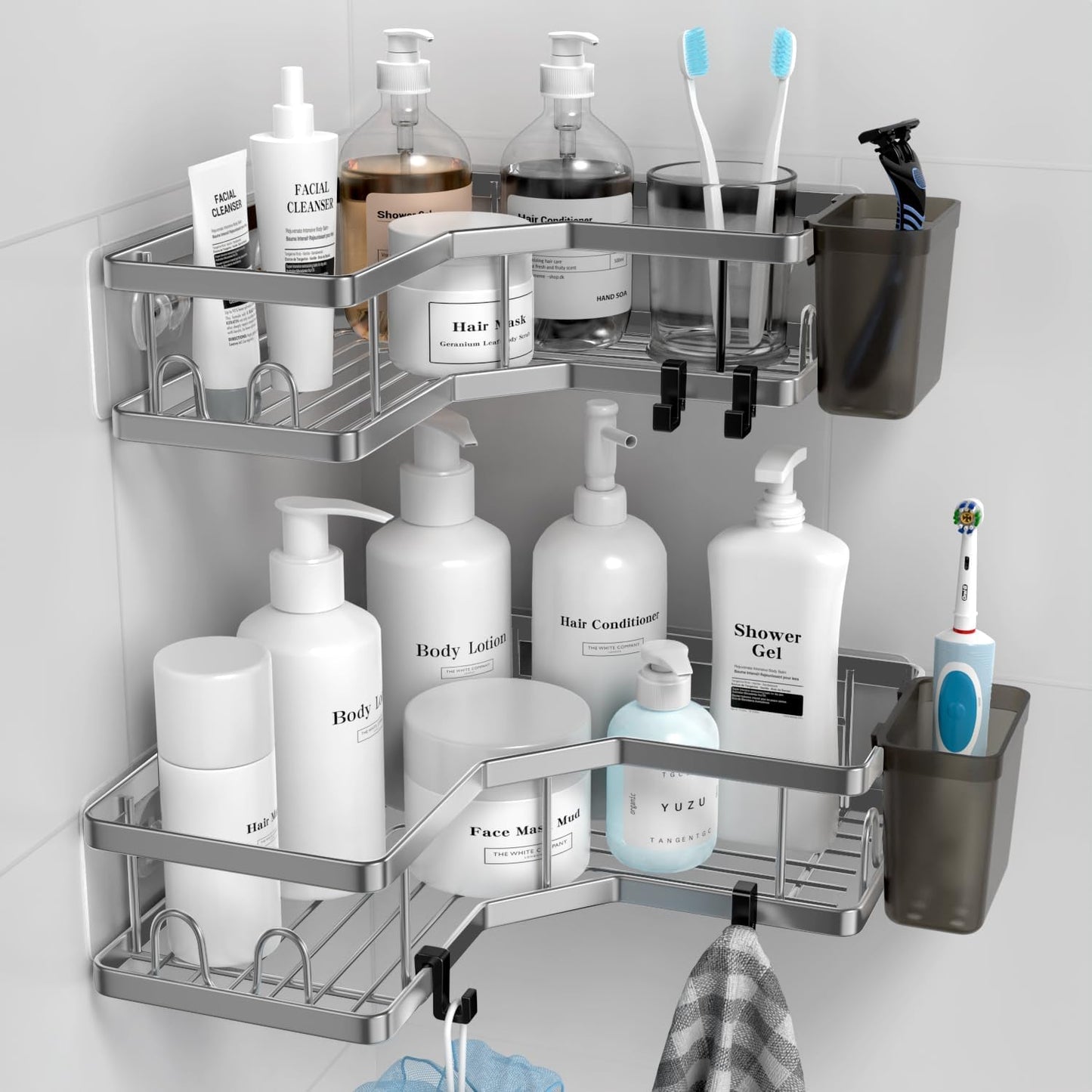Corner Shower Caddy Bathroom Organizer: AKTECKE 2 Pack Adhesive Shelf Decor- No Drilling Stainless Steel Storage Rack with Hooks and Toothpaste Holder - Accessories Stuff