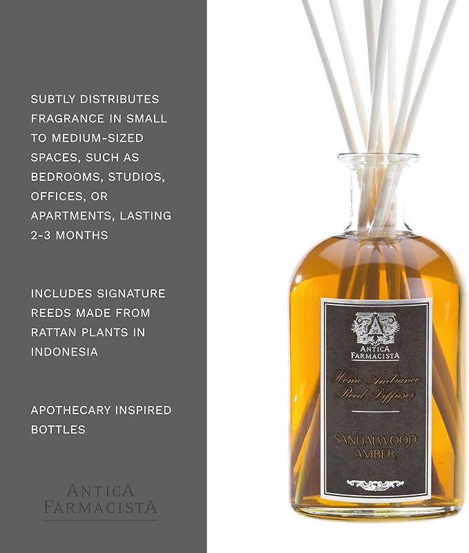 Antica Farmacista Home Ambiance Diffuser - Long-Lasting Reed Scent Diffuser - Luxury Room Freshener Gift - Sandalwood Amber, 8.45 fl oz