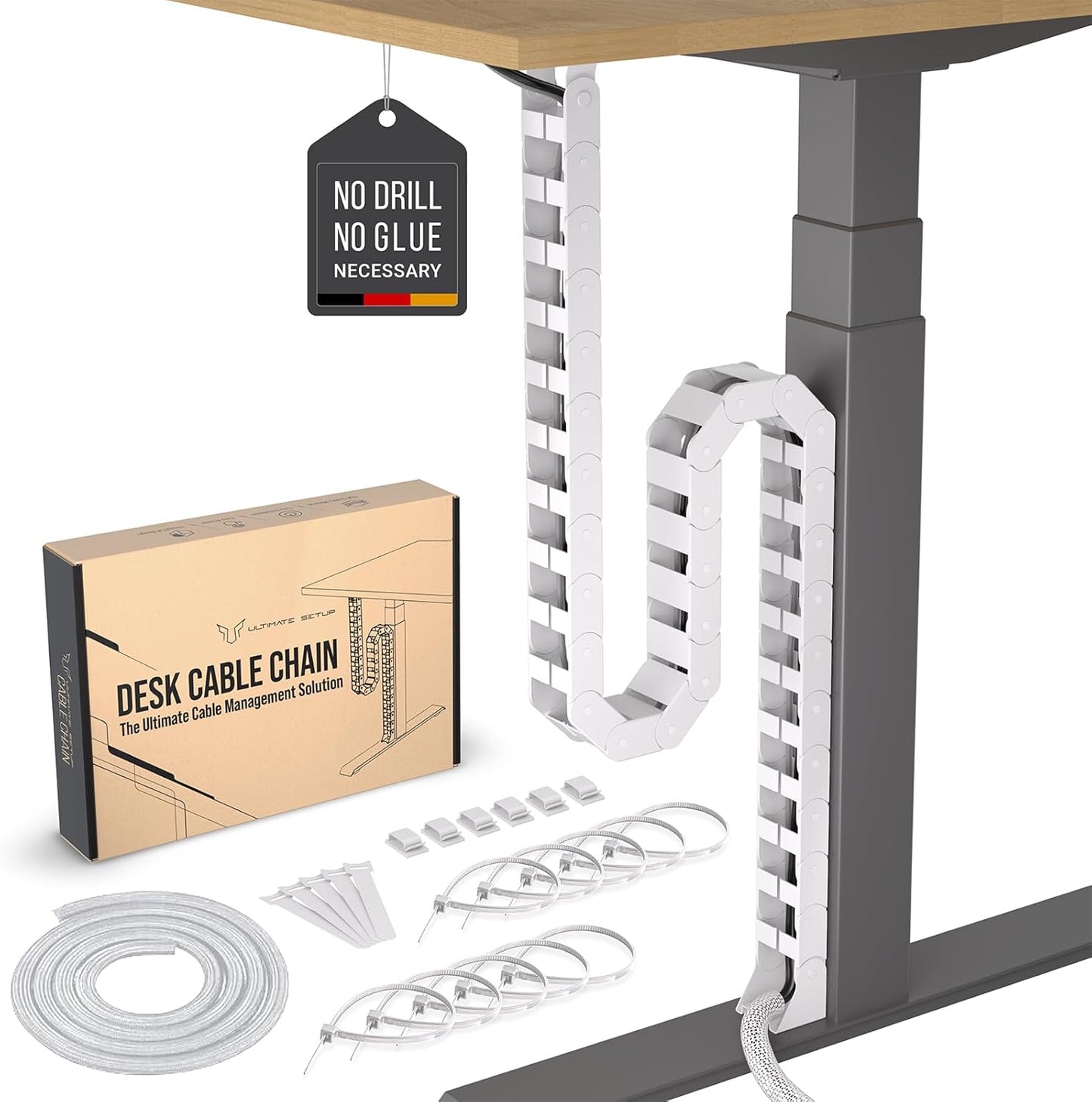 Under Desk Cable Management vertebrae – Perfect for sit Stand Desk Cable Management - Wire Management - Adjustable Length - Flexible Cable Spine - Chain Raceway Cable Management (White)