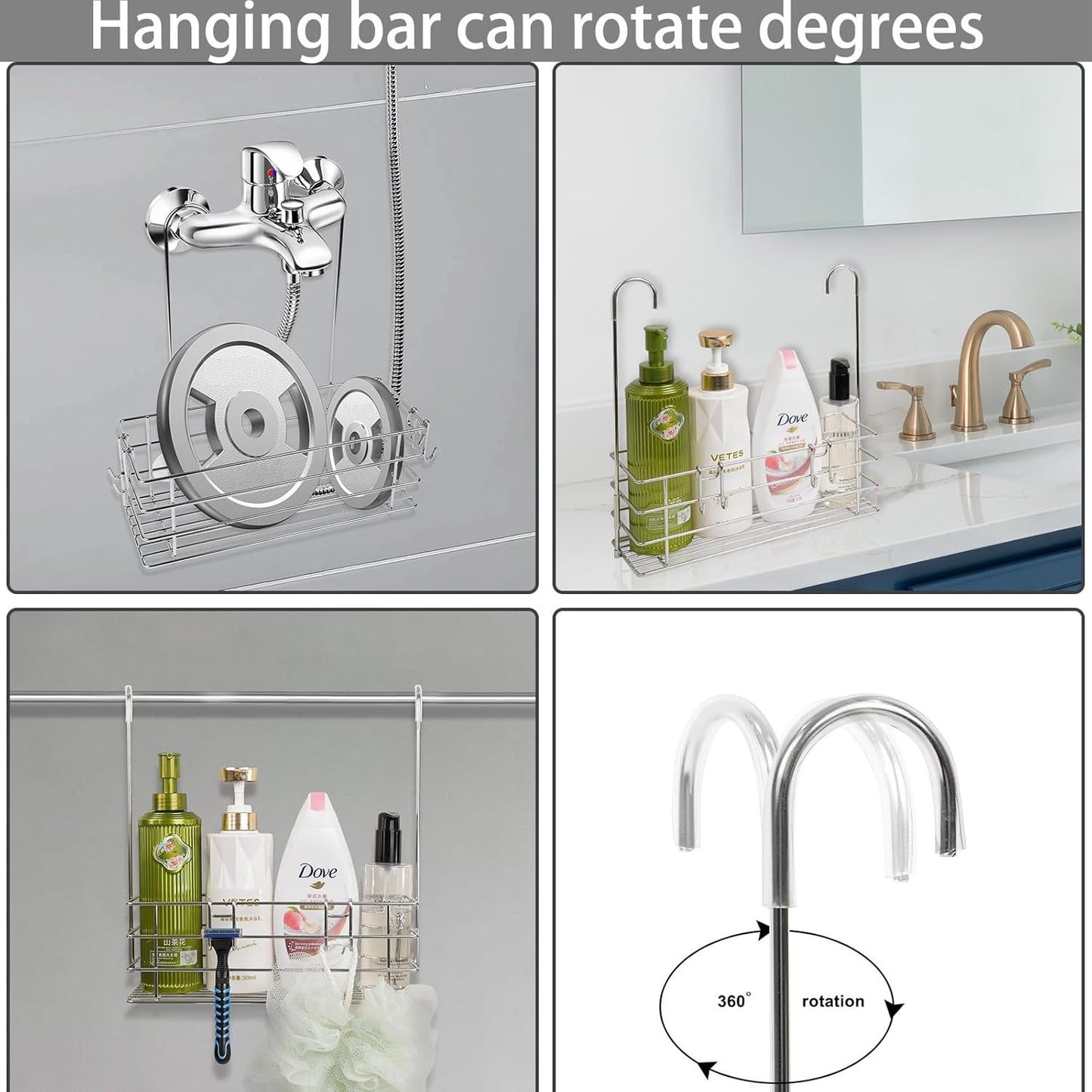 2pcs Single-Layer Hanging Shower Caddy, Rustproof Shelves Rack with Rotatable Hook bar, Large Capacity Bathroom Organizers and Storage, No Drilling Shampoo Bracket