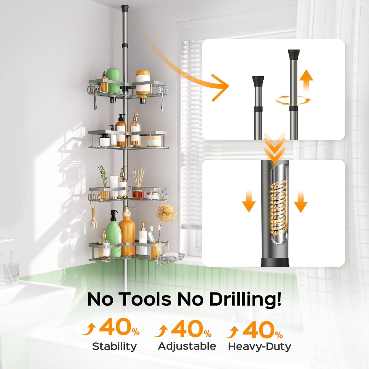 HAMITOR Shower Caddy Tension Pole: 4-Tier Corner Rustproof Bathroom Organizer with Soap Holder - No-Drill Adjustable Shower Shelf for Renters - Small Space Storage Rack for Apartment - 47-123 Inch