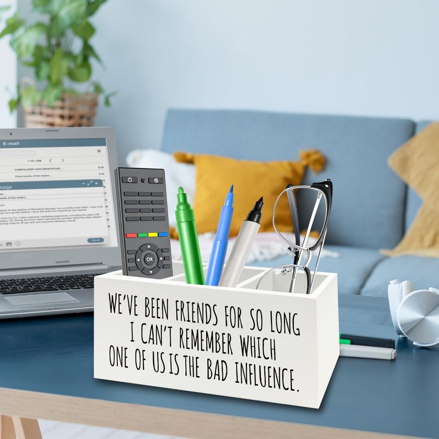 Funny Sarcastic Friendship Pen Pencil Holder Organizer for Desk, Humorous Gifts, We've Been Friends for So Long I Can't Remember Which Wooden Box Signs Decor for Home Office Desk Tabletop